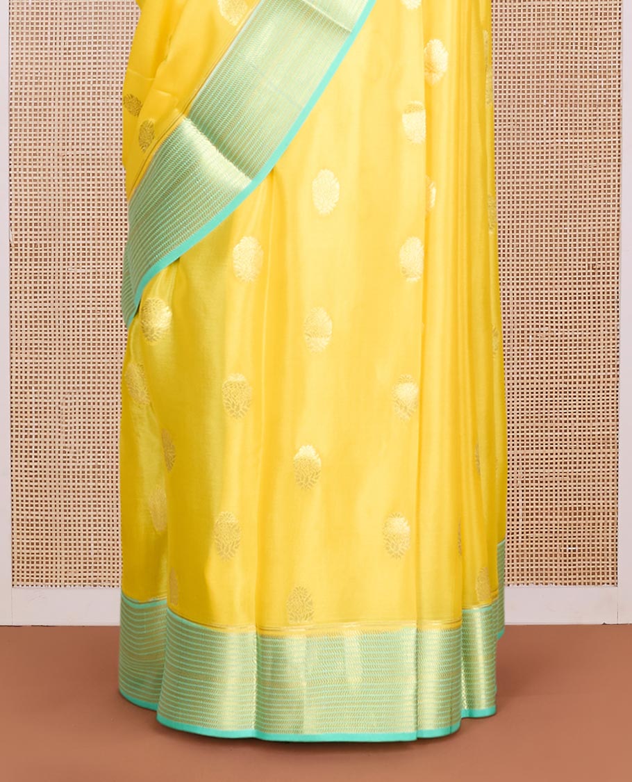 Yellow zari buttas Mysore silk saree, contrast traditional design zari border & pallu of chevron designs