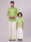 Father & Son Light Green Color Cotton Shirt with Matching Border Tissue Dhoti Combo