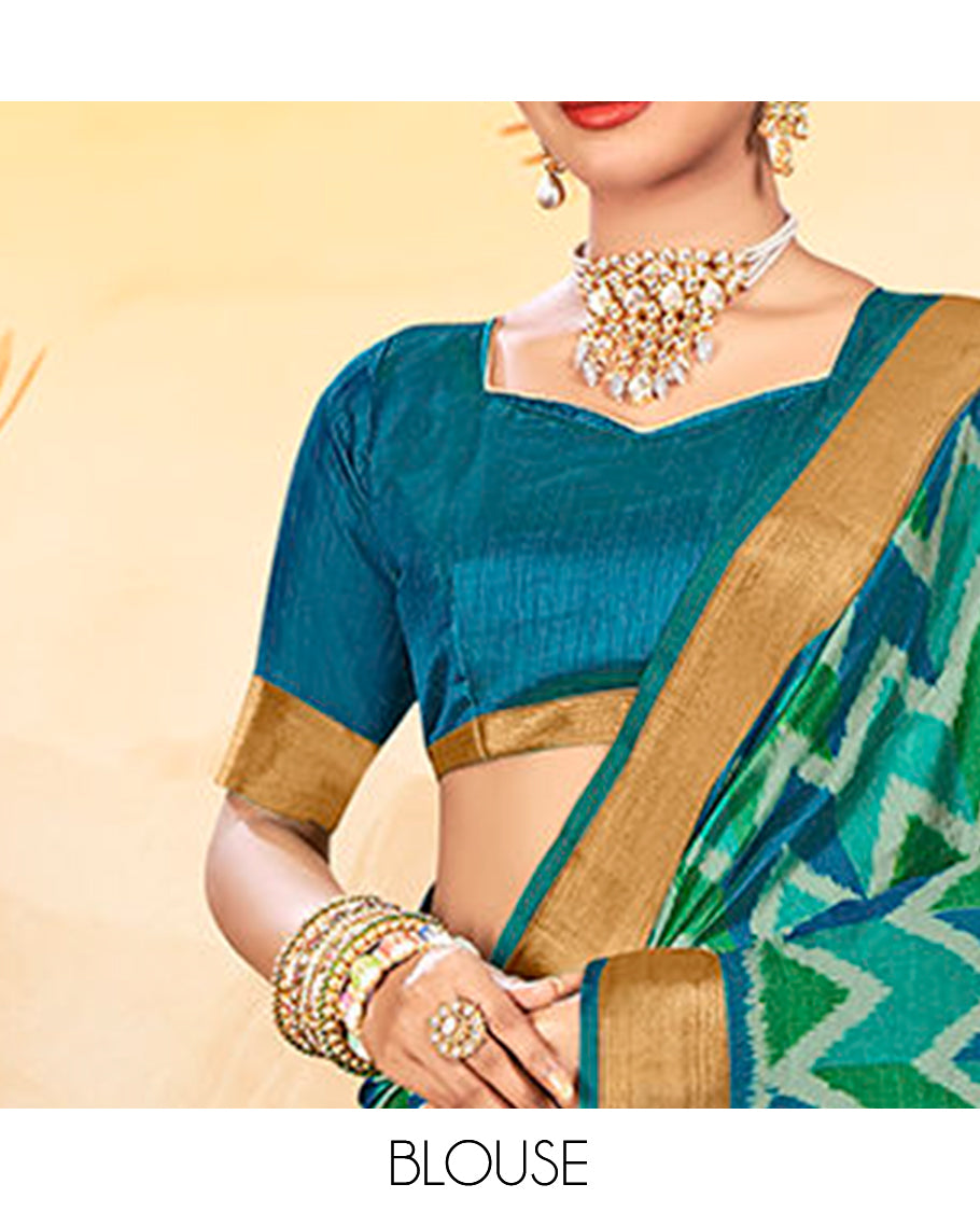 Blue Chevron Printed Designer Catalog Saree, a Bavanji Border, Geometric Patola Printed Pallu, a Matching Blouse