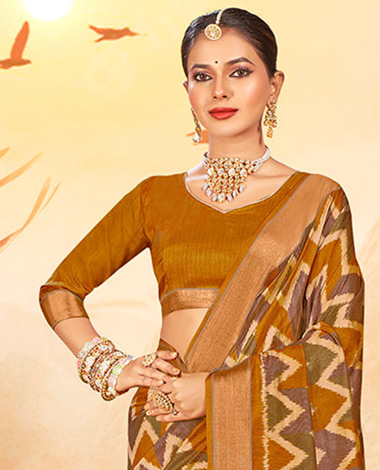 Mustard Chevron Printed Designer Catalog Saree, a Bavanji Border, Geometric Patola Printed Pallu, a Matching Blouse