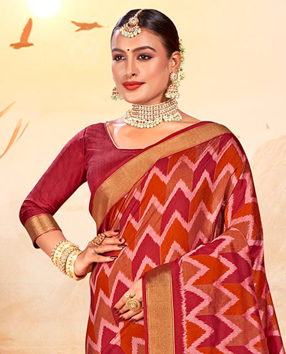Red Chevron Printed Designer Catalog Saree, a Bavanji Border, Geometric Patola Printed Pallu, a Matching Blouse