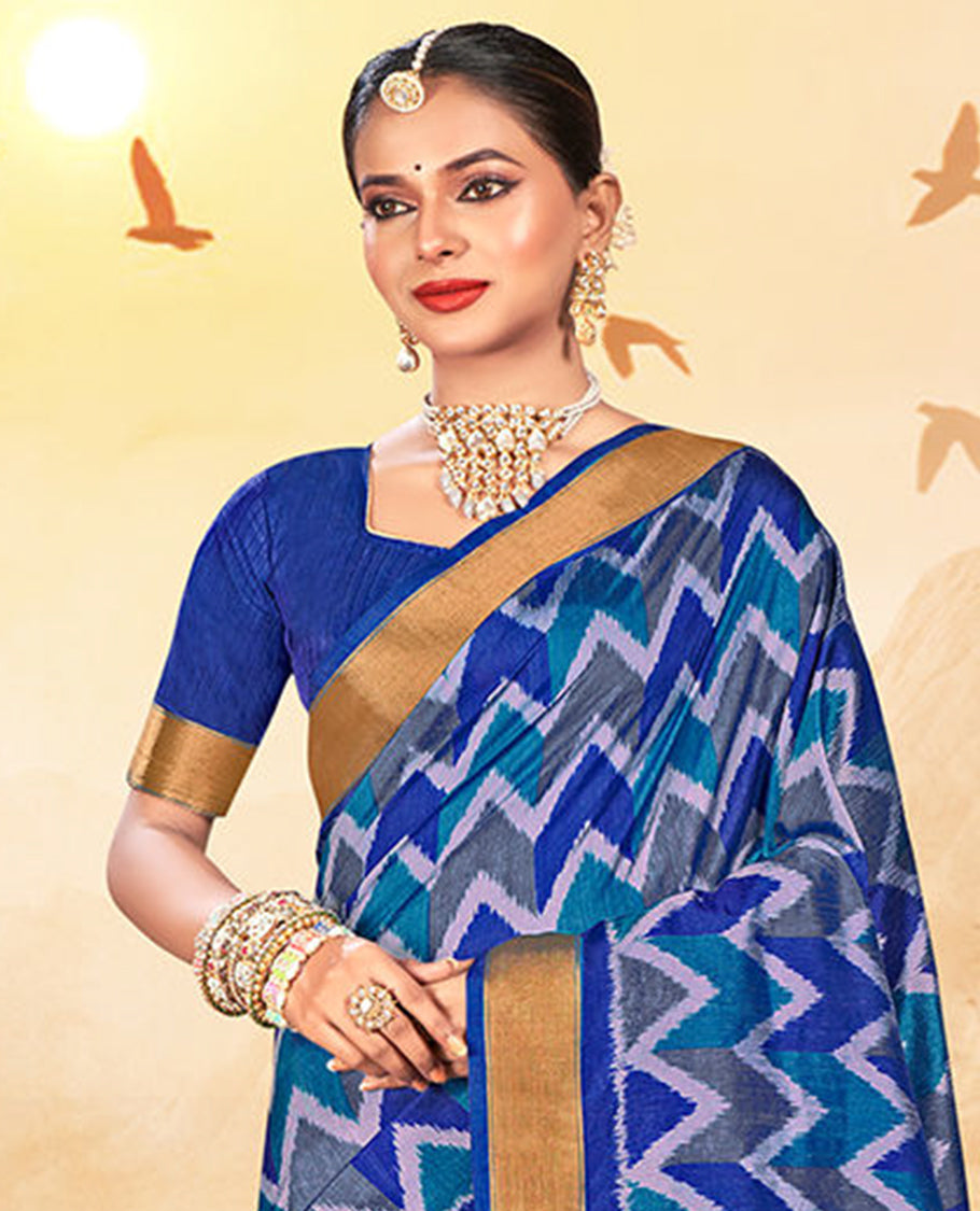Royal Blue Chevron Printed Designer Catalog Saree, a Bavanji Border, Geometric Patola Printed Pallu, a Matching Blouse