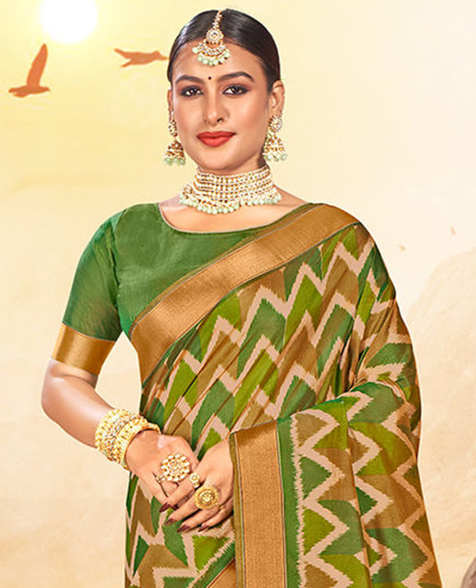 Light Green Chevron Printed Designer Catalog Saree, a Bavanji Border, Patola Printed Pallu, a Contrast Blouse