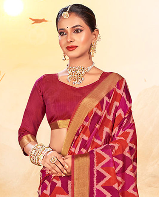 Pink Chevron Printed Designer Catalog Saree, a Bavanji Border, Patola Printed Pallu, a Contrast Blouse