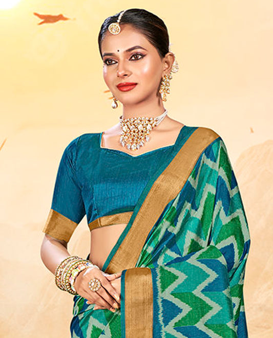 Blue Chevron Printed Designer Catalog Saree, a Bavanji Border, Geometric Patola Printed Pallu, a Matching Blouse