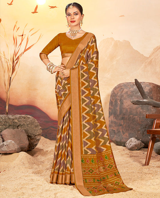 Mustard Chevron Printed Designer Catalog Saree, a Bavanji Border, Geometric Patola Printed Pallu, a Matching Blouse