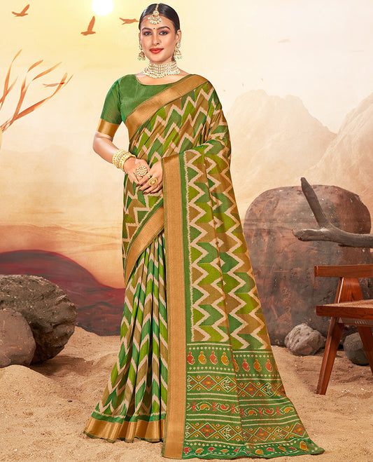 Light Green Chevron Printed Designer Catalog Saree, a Bavanji Border, Patola Printed Pallu, a Contrast Blouse