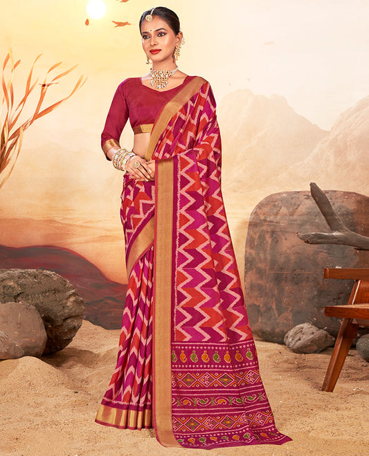 Pink Chevron Printed Designer Catalog Saree, a Bavanji Border, Patola Printed Pallu, a Contrast Blouse