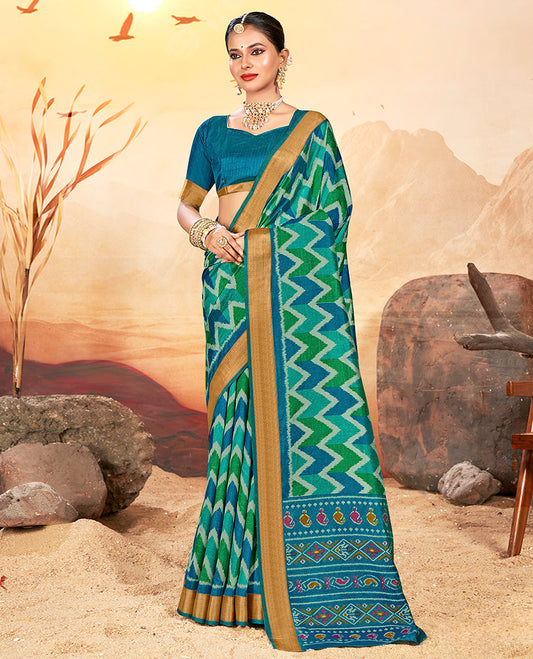 Blue Chevron Printed Designer Catalog Saree, a Bavanji Border, Geometric Patola Printed Pallu, a Matching Blouse