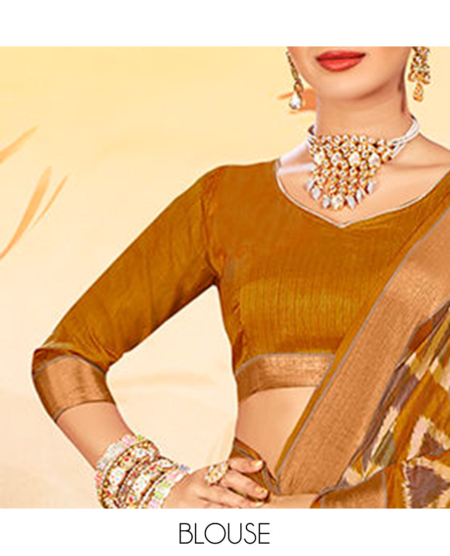 Mustard Chevron Printed Designer Catalog Saree, a Bavanji Border, Geometric Patola Printed Pallu, a Matching Blouse
