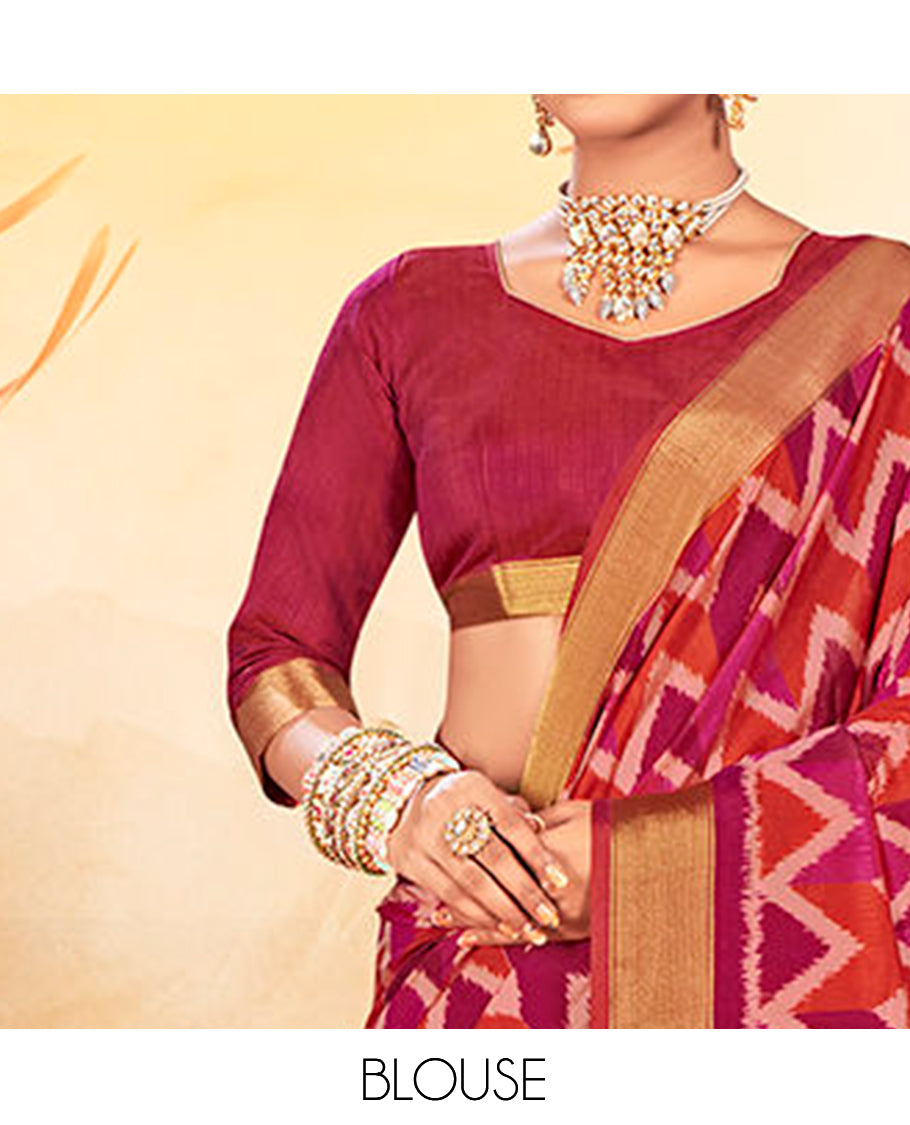 Pink Chevron Printed Designer Catalog Saree, a Bavanji Border, Patola Printed Pallu, a Contrast Blouse