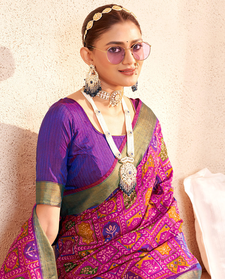 Pink Patola Fancy Raw Silk Designer Saree, Decorated with Intricate Design, a Bavanji Border, Intricately Designed Pallu, and a Contrast Blouse
