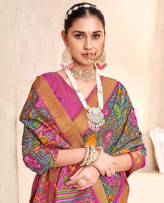 Grey Patola Fancy Raw Silk Designer Saree, Decked Up with Intricate Design, a Bavanji Border, Intricately Designed Pallu, and a Contrast Blouse