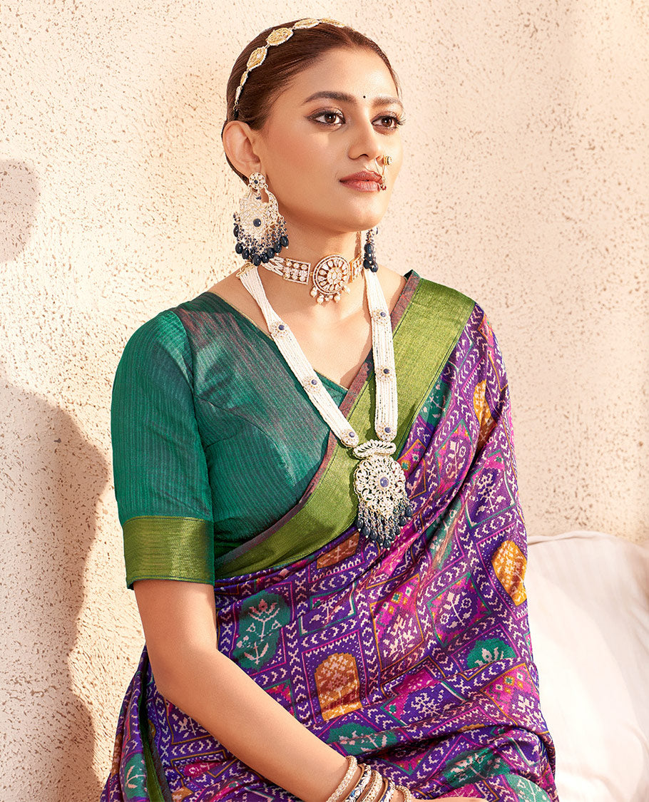 Violet Patola Fancy Raw Silk Designer Saree, Embellished with Intricate Design, a Bavanji Border, Intricately Designed Pallu, and a Contrast Blouse