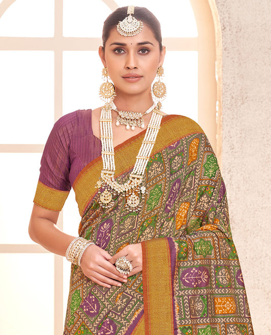 Grey Patola Fancy Raw Silk Designer Saree, Detailed with Intricate Design, a Bavanji Border, Intricately Designed Pallu, and a Contrast Blouse