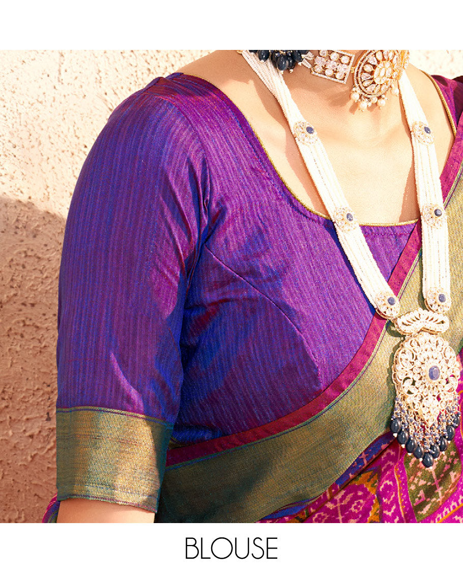 Pink Patola Fancy Raw Silk Designer Saree, Decorated with Intricate Design, a Bavanji Border, Intricately Designed Pallu, and a Contrast Blouse