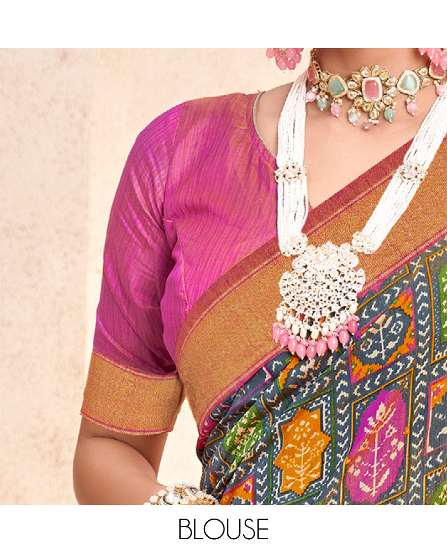 Grey Patola Fancy Raw Silk Designer Saree, Decked Up with Intricate Design, a Bavanji Border, Intricately Designed Pallu, and a Contrast Blouse
