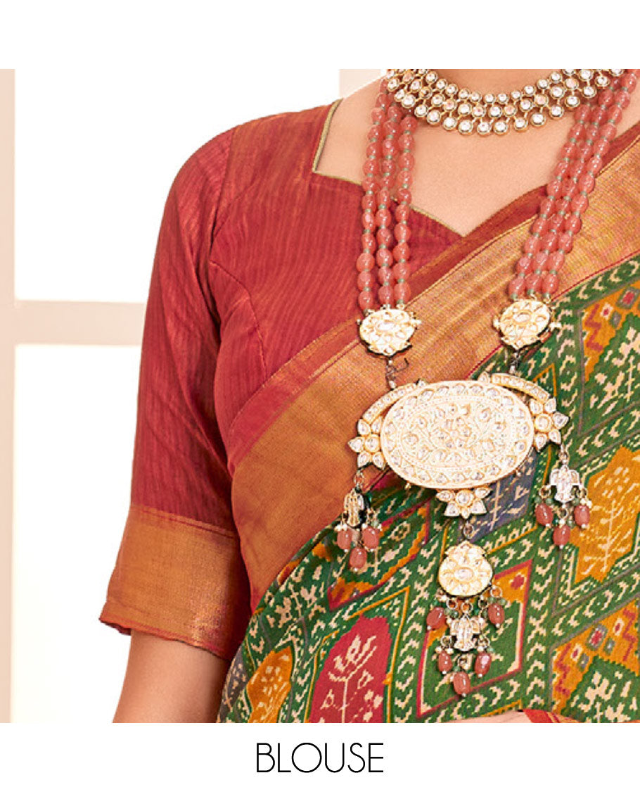 Green Patola Fancy Raw Silk Designer Saree, Bedecked with Intricate Design, a Bavanji Border, Intricately Designed Pallu, and a Contrast Blouse