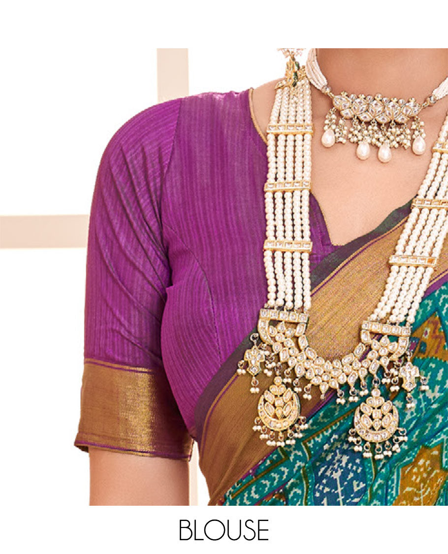Blue Patola Fancy Raw Silk Designer Saree, Enthralled with Intricate Design, a Bavanji Border, Intricately Designed Pallu, and a Contrast Blouse