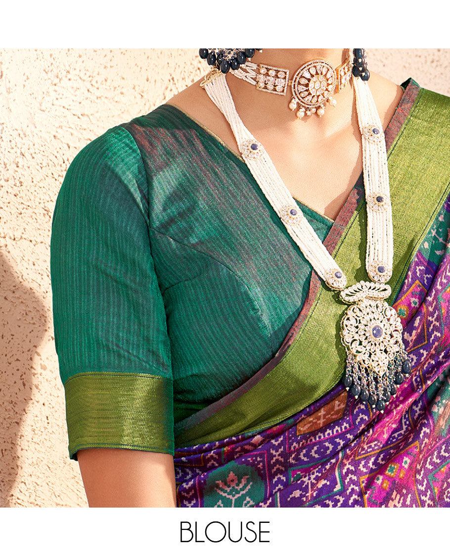 Violet Patola Fancy Raw Silk Designer Saree, Embellished with Intricate Design, a Bavanji Border, Intricately Designed Pallu, and a Contrast Blouse