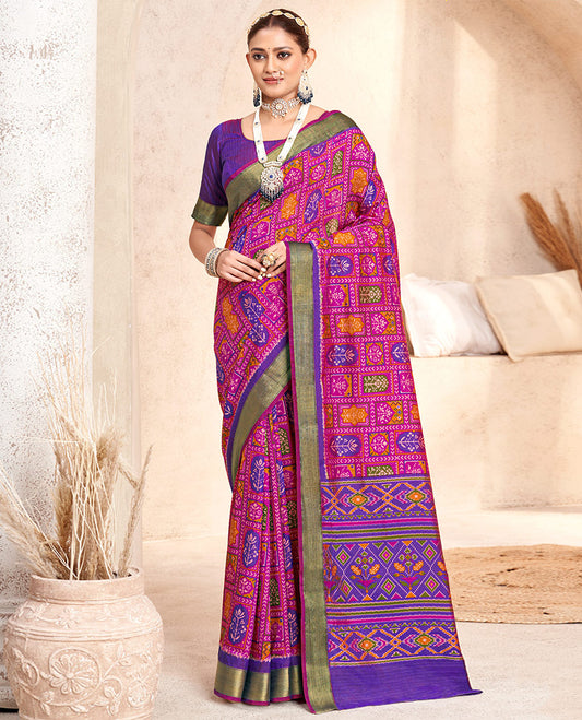 Pink Patola Fancy Raw Silk Designer Saree, Decorated with Intricate Design, a Bavanji Border, Intricately Designed Pallu, and a Contrast Blouse