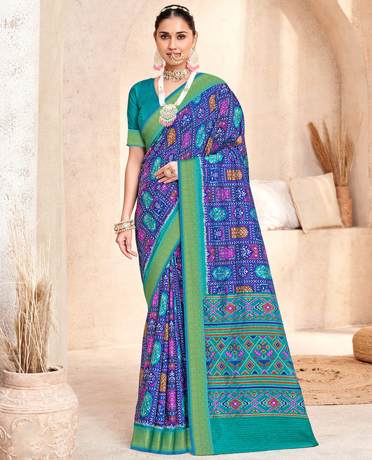 Blue Patola Fancy Raw Silk Designer Saree, Accentuated with Intricate Design, a Bavanji Border, Intricately Designed Pallu, and a Contrast Blouse