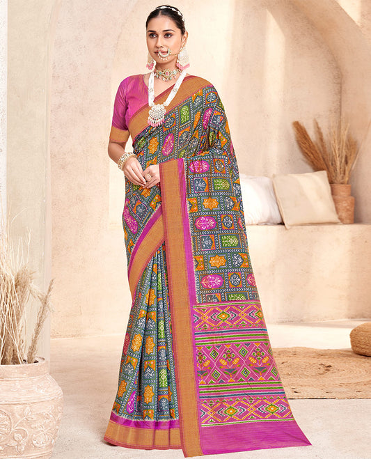 Grey Patola Fancy Raw Silk Designer Saree, Decked Up with Intricate Design, a Bavanji Border, Intricately Designed Pallu, and a Contrast Blouse
