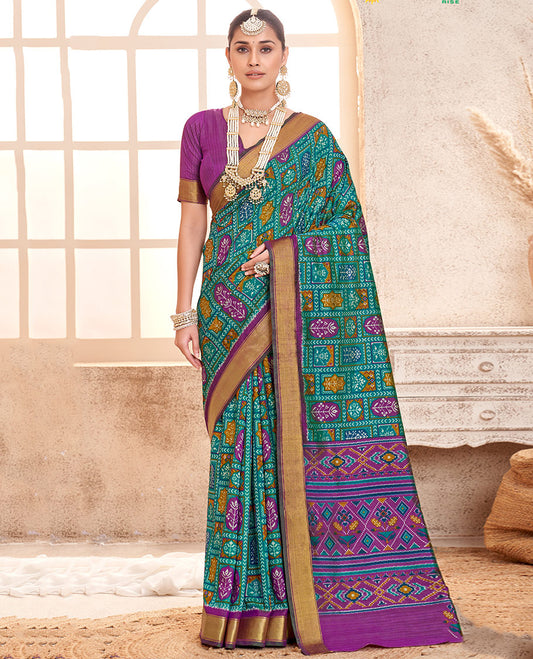 Blue Patola Fancy Raw Silk Designer Saree, Enthralled with Intricate Design, a Bavanji Border, Intricately Designed Pallu, and a Contrast Blouse