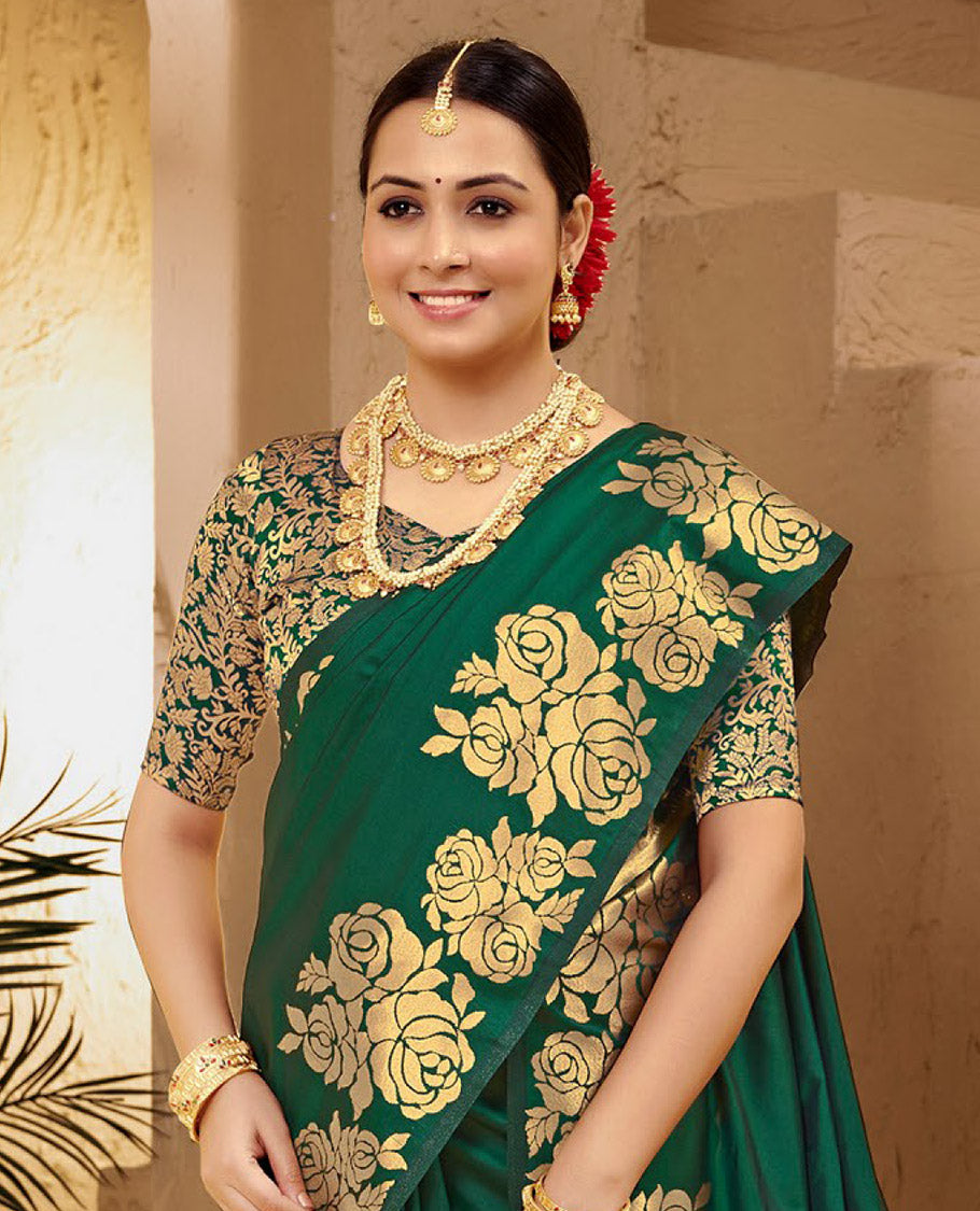 Green Art Silk Plain Designer Catalog Saree, Decked Up with a Rose Zari Border, Pallu of Floral Designs, and a Matching Blouse