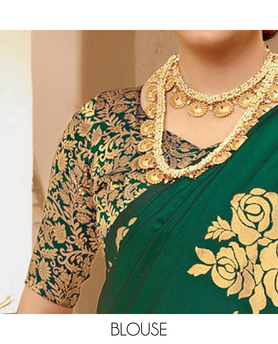 Green Art Silk Plain Designer Catalog Saree, Decked Up with a Rose Zari Border, Pallu of Floral Designs, and a Matching Blouse