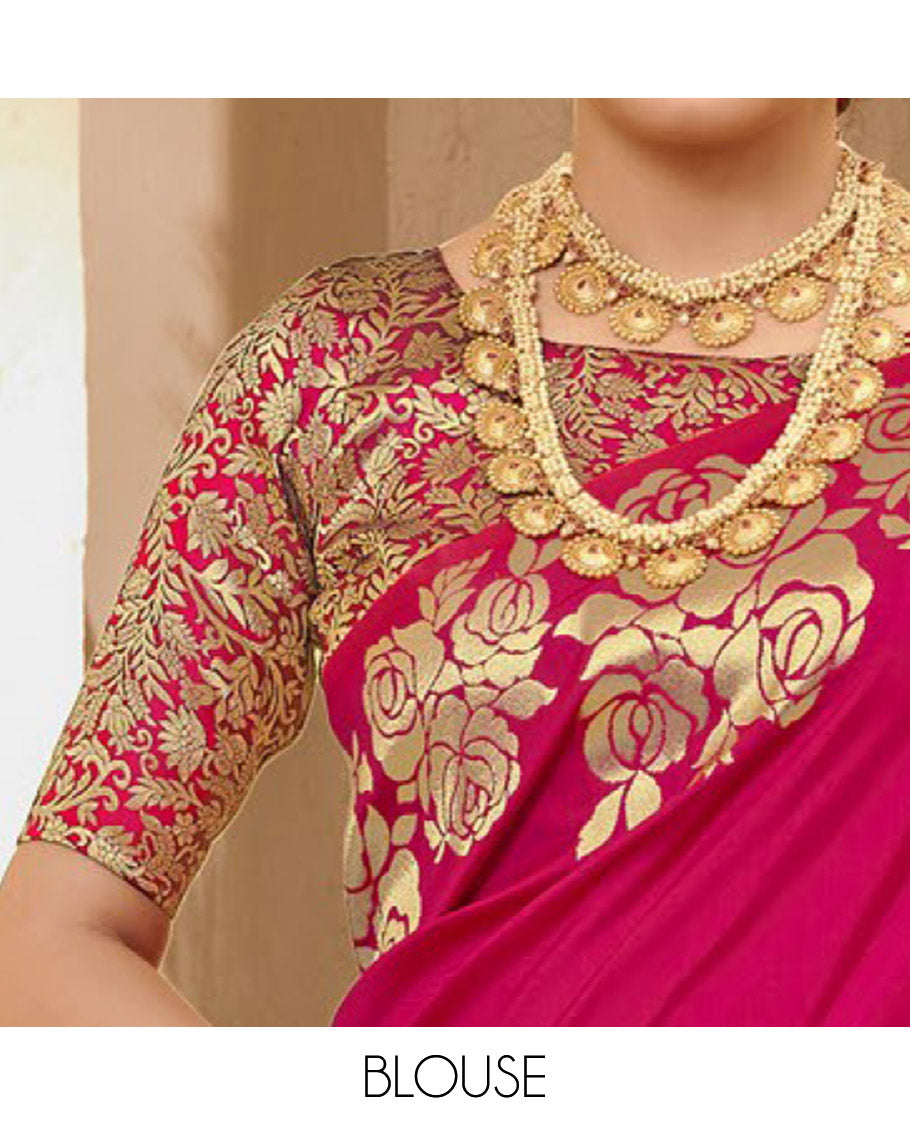 Pink Art Silk Plain Designer Catalog Saree, Decorated with a Rose Zari Border, Pallu of Floral Designs, and a Matching Blouse