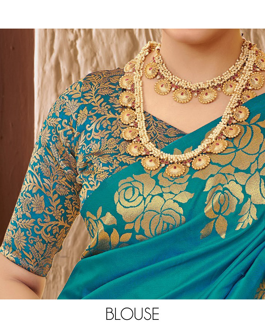 Blue Art Silk Plain Designer Catalog Saree, Enthralled with a Rose Zari Border, Pallu of Floral Designs, and a Matching Blouse