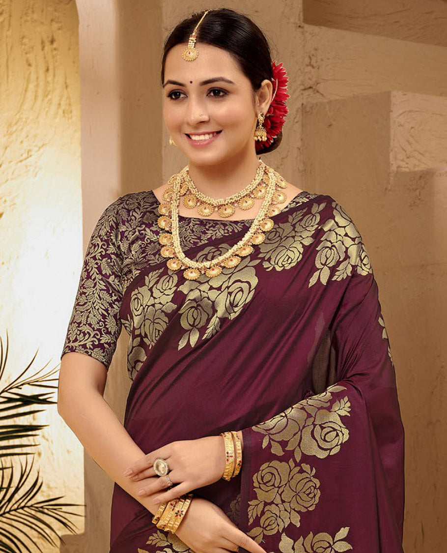 Brown Art Silk Plain Designer Catalog Saree, Spotlighted with a Rose Zari Border, Pallu of Floral Designs, and a Matching Blouse