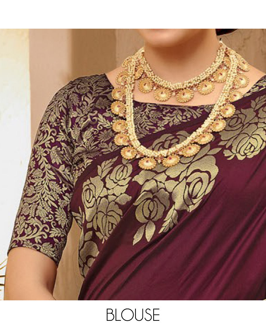 Brown Art Silk Plain Designer Catalog Saree, Spotlighted with a Rose Zari Border, Pallu of Floral Designs, and a Matching Blouse