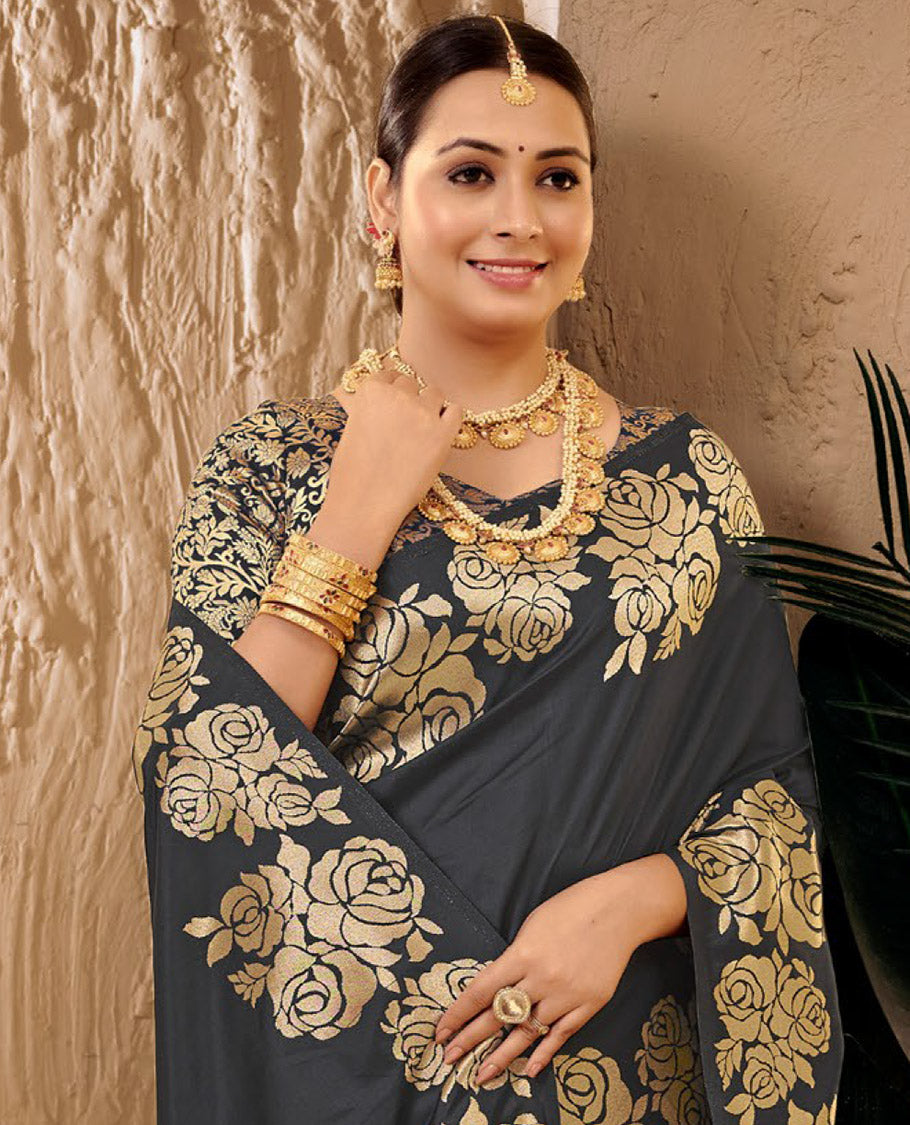 Grey Art Silk Plain Designer Catalog Saree, Enriched with a Rose Zari Border, Pallu of Floral Designs, and a Matching Blouse