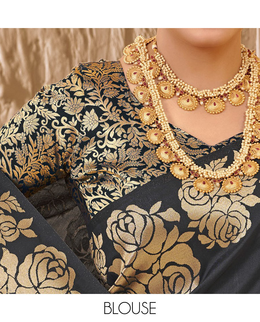 Grey Art Silk Plain Designer Catalog Saree, Enriched with a Rose Zari Border, Pallu of Floral Designs, and a Matching Blouse