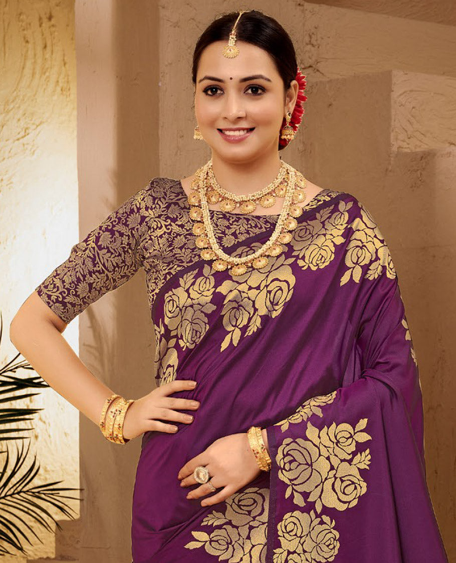 Purple Plain Art Silk Designer Catalog Saree, Elevated with a Rose Zari Border, Pallu of Floral Designs, and a Matching Blouse