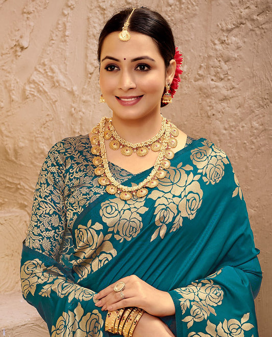 Blue Art Silk Plain Designer Catalog Saree, Highlighted by a Rose Zari Border, Pallu of Floral Designs, and a Matching Blouse