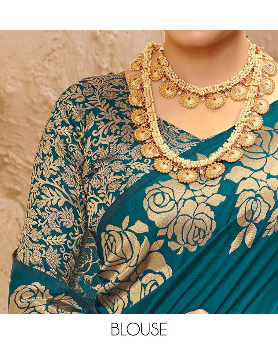 Blue Art Silk Plain Designer Catalog Saree, Highlighted by a Rose Zari Border, Pallu of Floral Designs, and a Matching Blouse