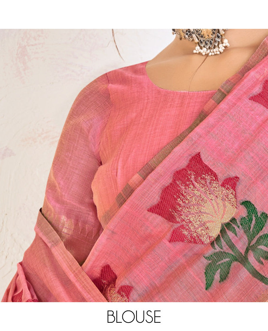 Pink Chanderi Cotton Designer Saree, Elevated with Flower Buttas, a Piping Border, a Flower Pallu, and a Matching Blouse