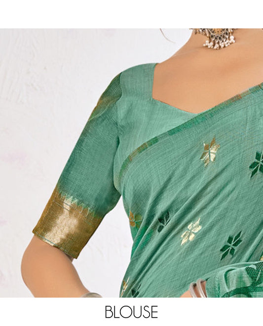 Blue Chanderi Cotton Designer Saree, Embellished with Flower Buttas, a Piping Border, a Flower Pallu, and a Matching Blouse