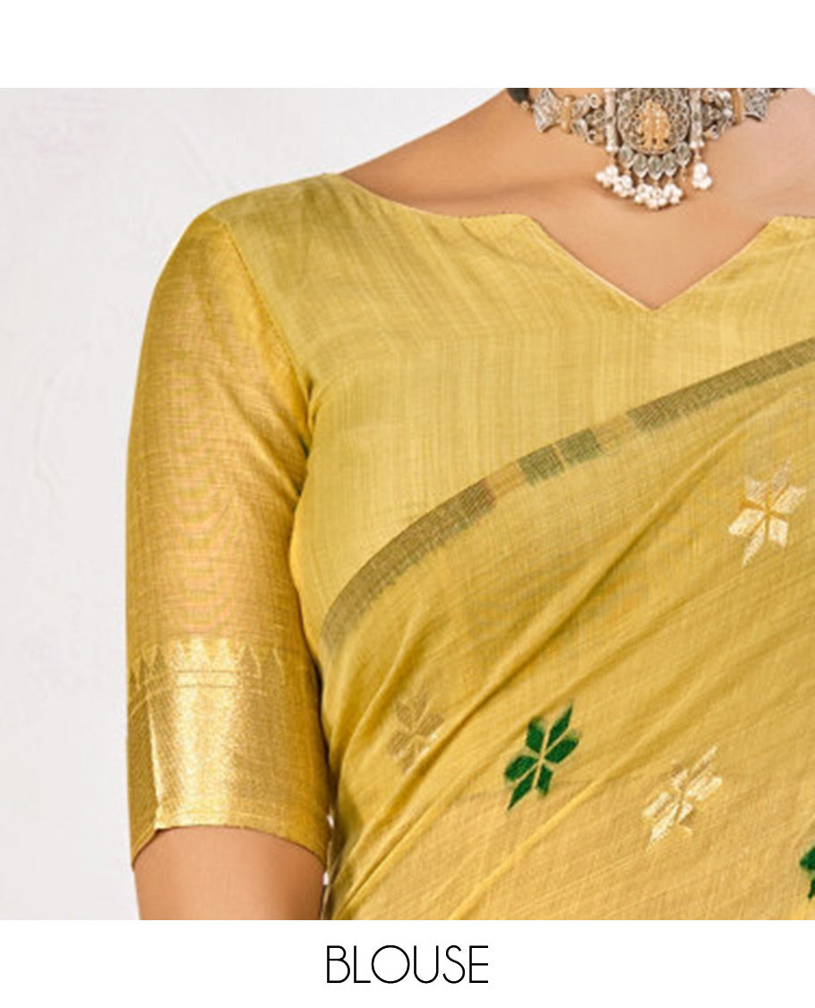 Green Chanderi Cotton Designer Saree, Ornamented with Flower Buttas, a Piping Border, a Flower Pallu, and a Matching Blouse