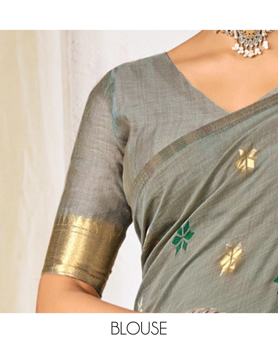 Grey Chanderi Cotton Designer Saree, Decked Up with Flower Buttas, a Piping Border, a Flower Pallu, and a Matching Blouse