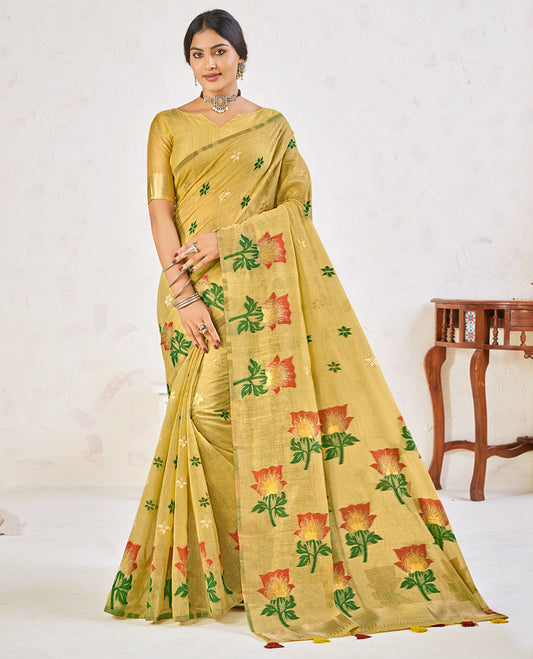Green Chanderi Cotton Designer Saree, Ornamented with Flower Buttas, a Piping Border, a Flower Pallu, and a Matching Blouse