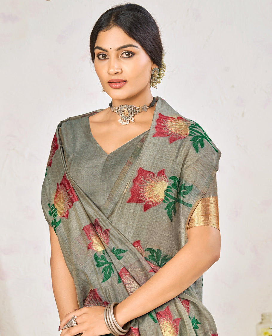 Grey Chanderi Cotton Designer Saree, Decked Up with Flower Buttas, a Piping Border, a Flower Pallu, and a Matching Blouse