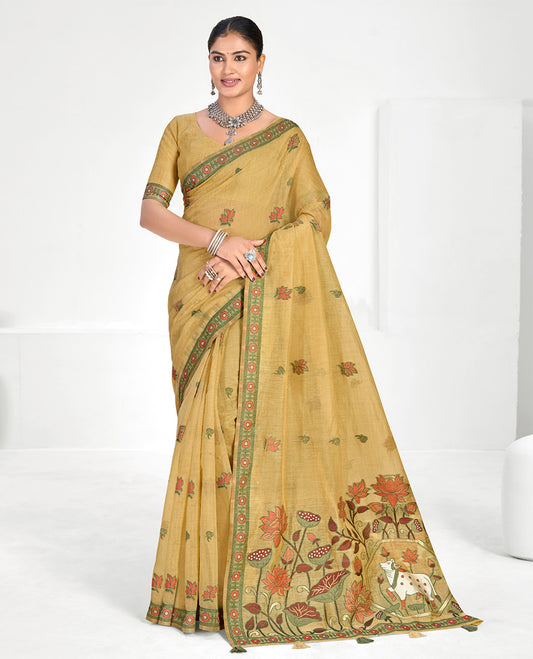Yellow Linen Cotton Designer Catalog Saree