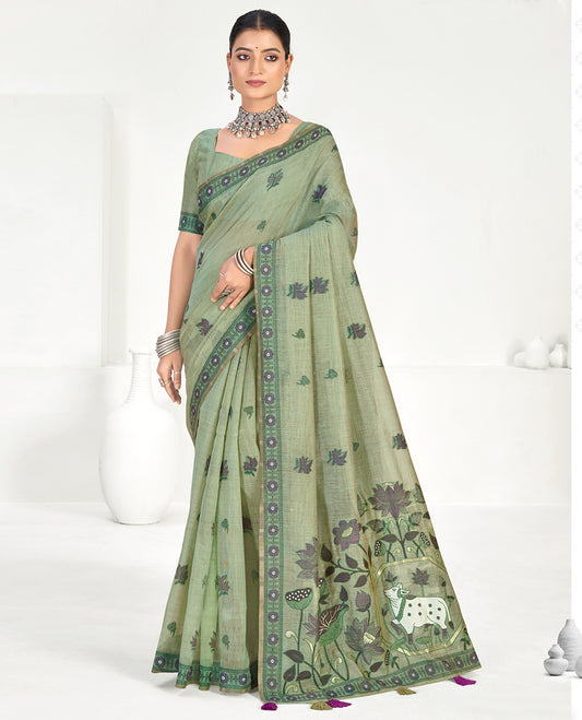 Green Linen Cotton Designer Catalog Saree