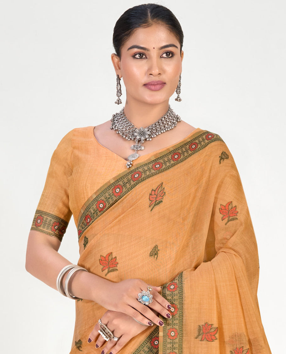 Orange Linen Cotton Designer Catalog Saree