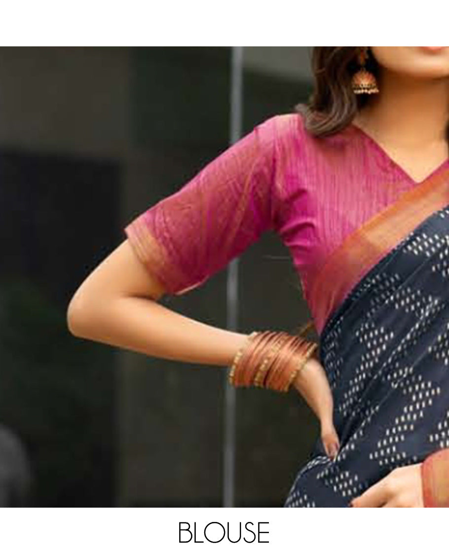 Grey Dobby Buttas Fancy Raw-Silk Designer Catalog Saree, a Contrast Geometric Border, a Contrast Blouse