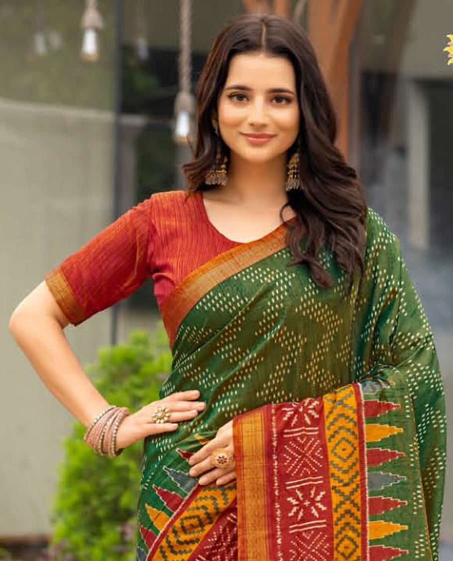 Green Dobby Buttas Fancy Raw-Silk Designer Catalog Saree, a Contrast Geometric Border, a Contrast Blouse